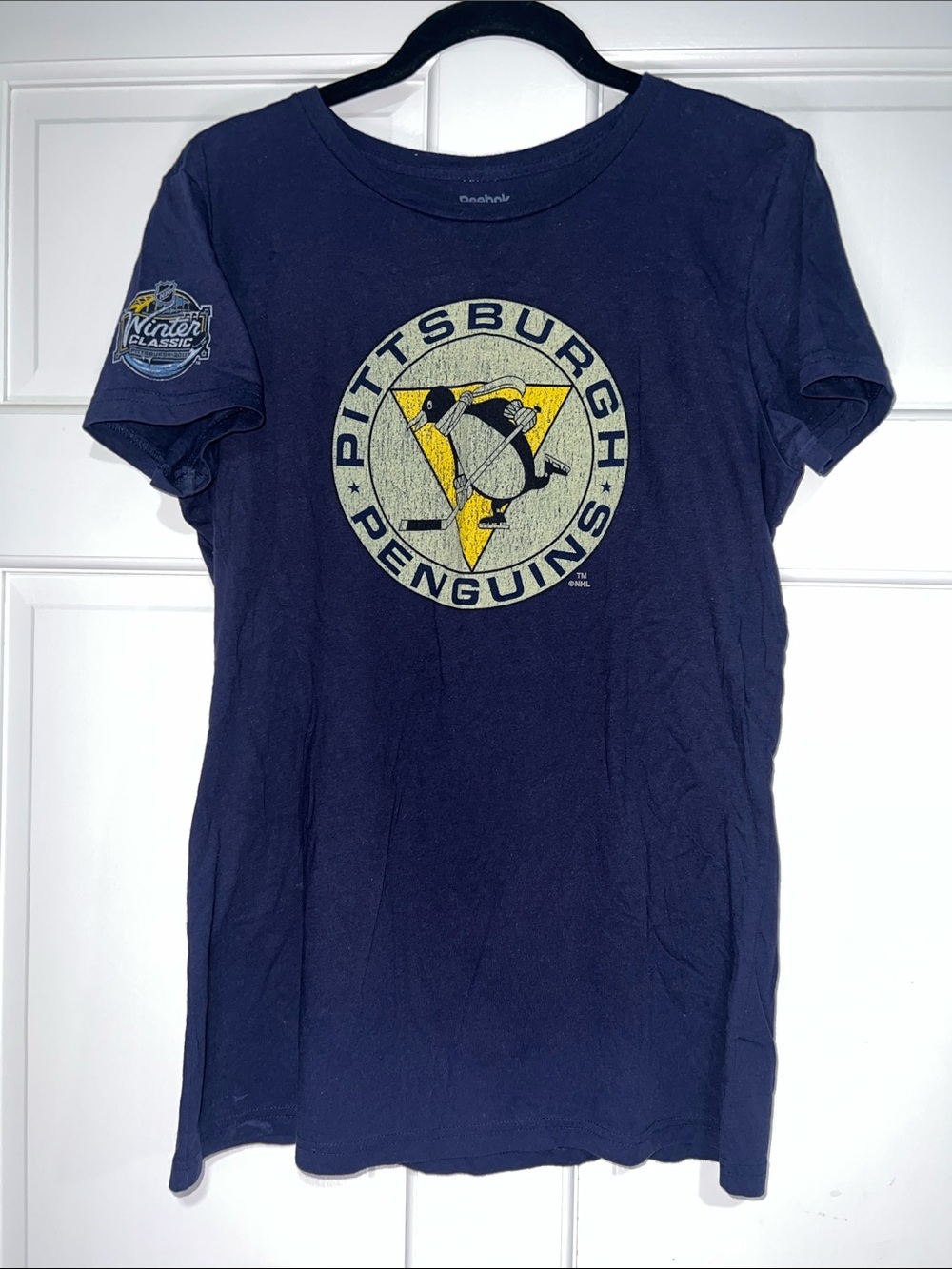 Reebok Women's Navy Logo Tee with Light Gray Print